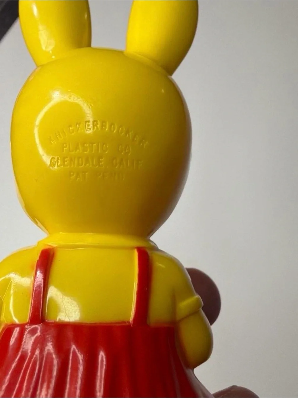 (825-3) Vintage 1950s Knickerbocker Yellow Plastic Bunny Girl Rattle Figurine